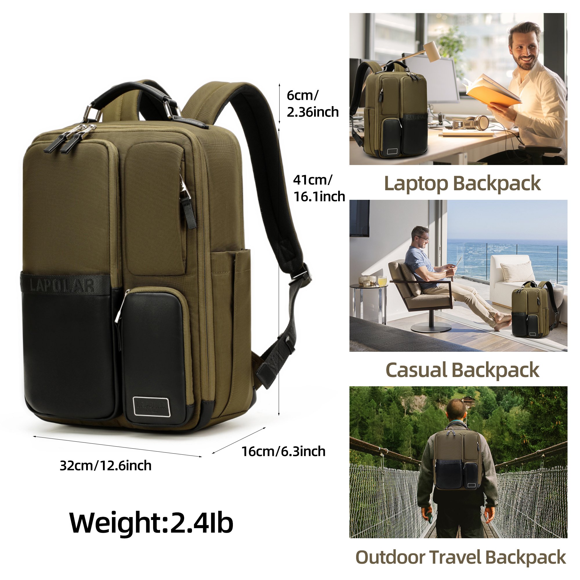 LAPOLAR New Travel Laptop Backpack for 15.6 Inch, Outdoor Carry on Backpack Vintage Business Weekender Luggage