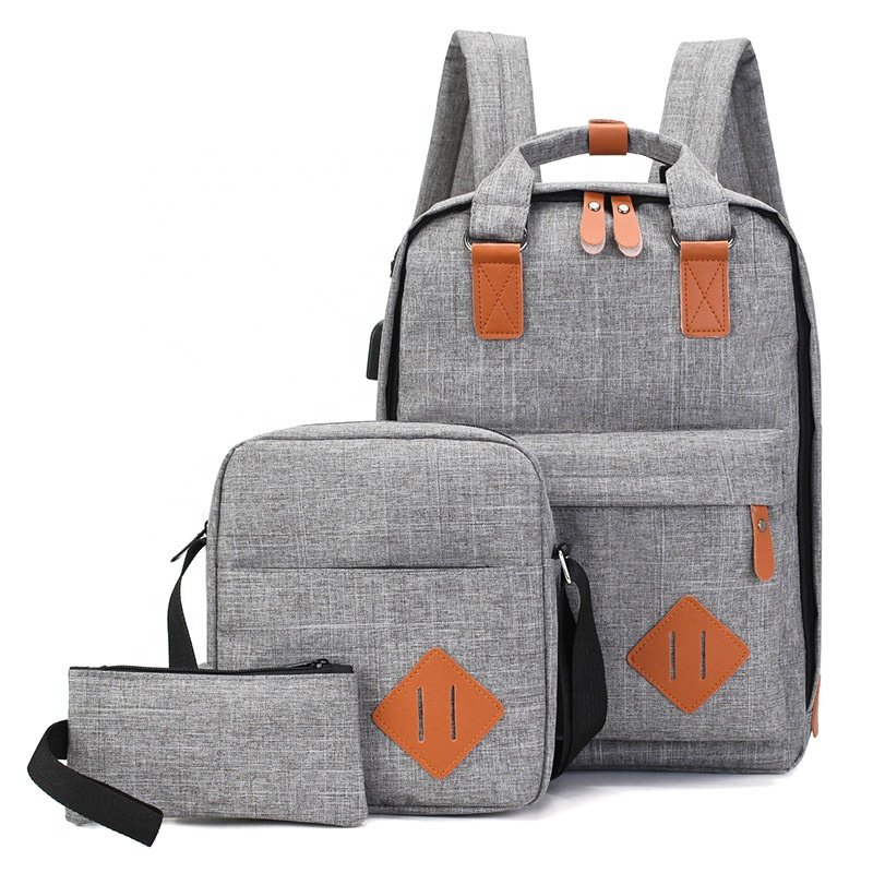 High Quality Grey Custom Fashion 15.6 Inch Laptop Bag 3 PCS Business Men USB Laptop School Backpack Set