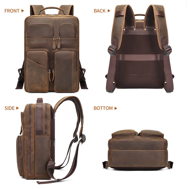 J.M.D Custom LOGO Vintage Pure Cowhide Laptop Back Pack Bag Crazy horse leather Men Genuine Cow Real Leather Backpack