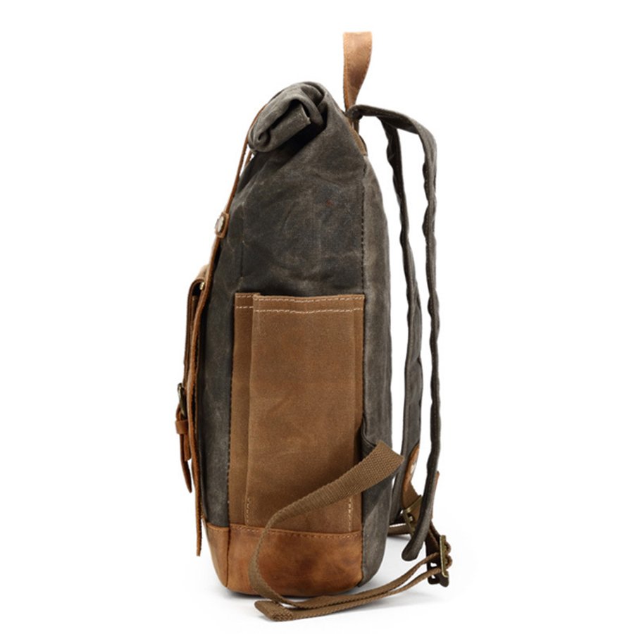 In Stocks Waxed Canvas Rolltop rucksack Leather backpack men Roll top laptop backpack