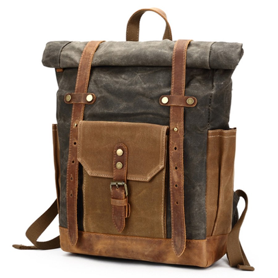 In Stocks Waxed Canvas Rolltop rucksack Leather backpack men Roll top laptop backpack
