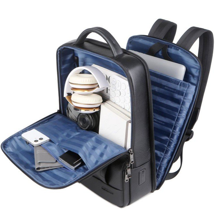 Wholesale High Quality Luxurious Waterproof Black Business Large Capacity Expandable Genuine Leather Laptop Backpack For Men