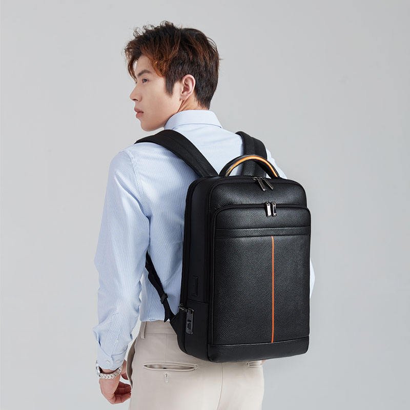 Manufacturers Custom Logo Waterproof Backpack Anti Theft Notebook Genuine Leather Smart Fingerprint Lock Laptop Backpack