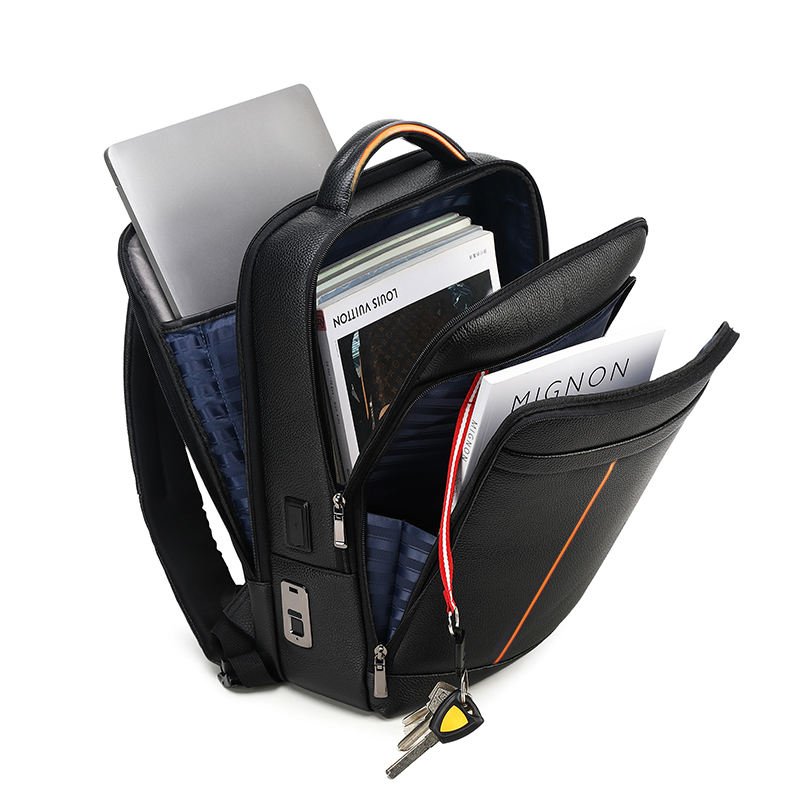 Manufacturers Custom Logo Waterproof Backpack Anti Theft Notebook Genuine Leather Smart Fingerprint Lock Laptop Backpack