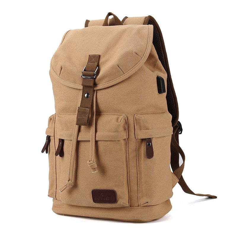 Unisex Khaki Canvas & Leather Laptop Backpack with USB Charging Port Men's Sports Outdoor Student Bag Daily Use RPET School Made