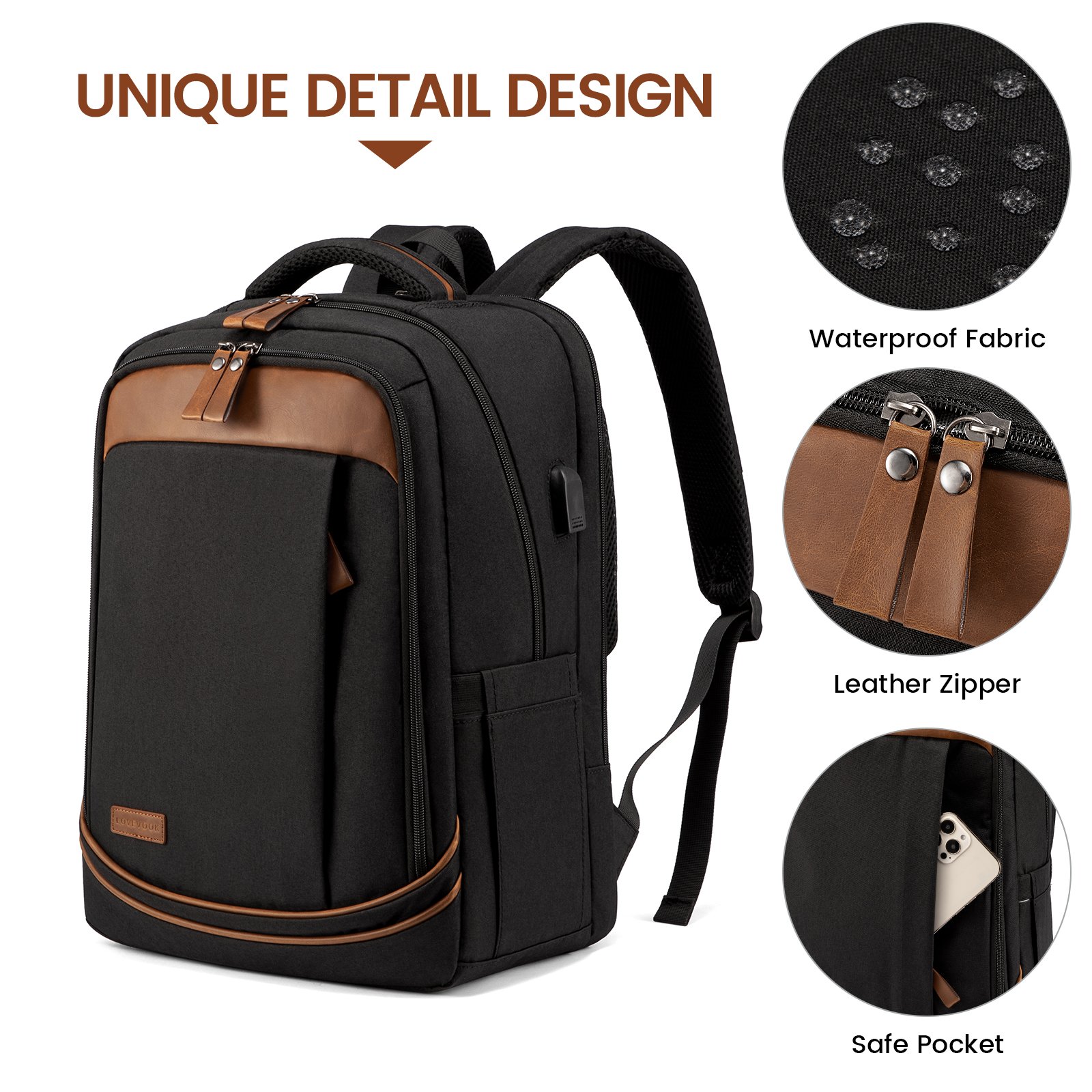 LOVEVOOK Waterproof Business Laptop backpack for Man Travel Outdoor Sports Bag custom 15.6 17in laptop backpack with USB Port