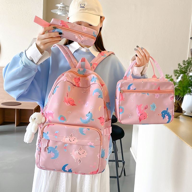 Wholesale Eco-friendly Student Backpack 3-1 Schoolbag with Lunch Cooler and Cash Bag Canvas Material Zipper Closure