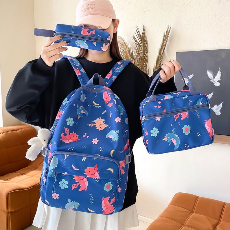 Wholesale Eco-friendly Student Backpack 3-1 Schoolbag with Lunch Cooler and Cash Bag Canvas Material Zipper Closure