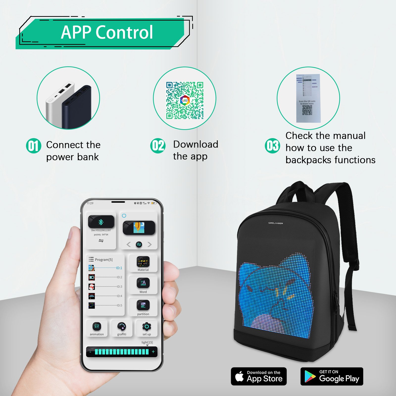 CRELANDER LED Backpack Smart Bluetooth APP Control DIY Display Laptop Bags Waterproof LED Bag For Men Women