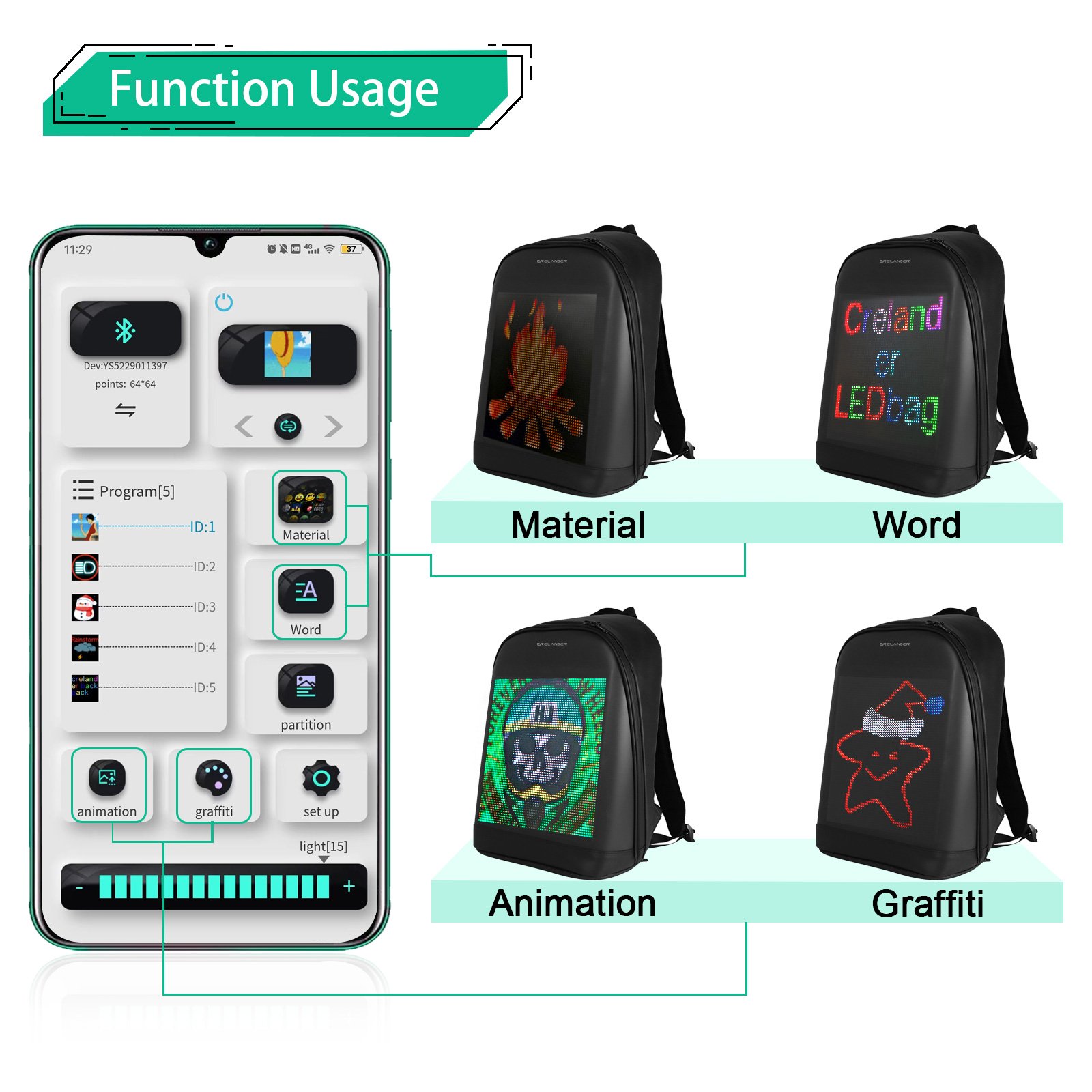 CRELANDER LED Backpack Smart Bluetooth APP Control DIY Display Laptop Bags Waterproof LED Bag For Men Women