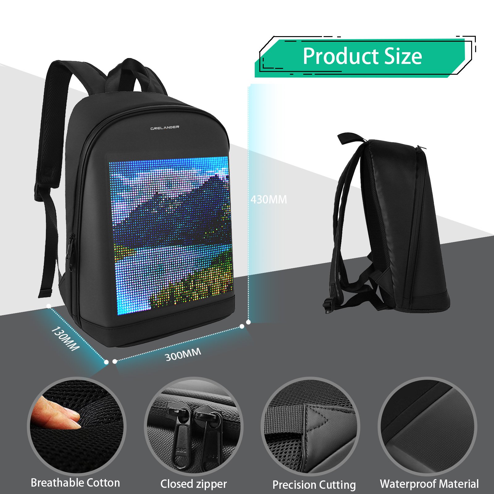 CRELANDER LED Backpack Smart Bluetooth APP Control DIY Display Laptop Bags Waterproof LED Bag For Men Women