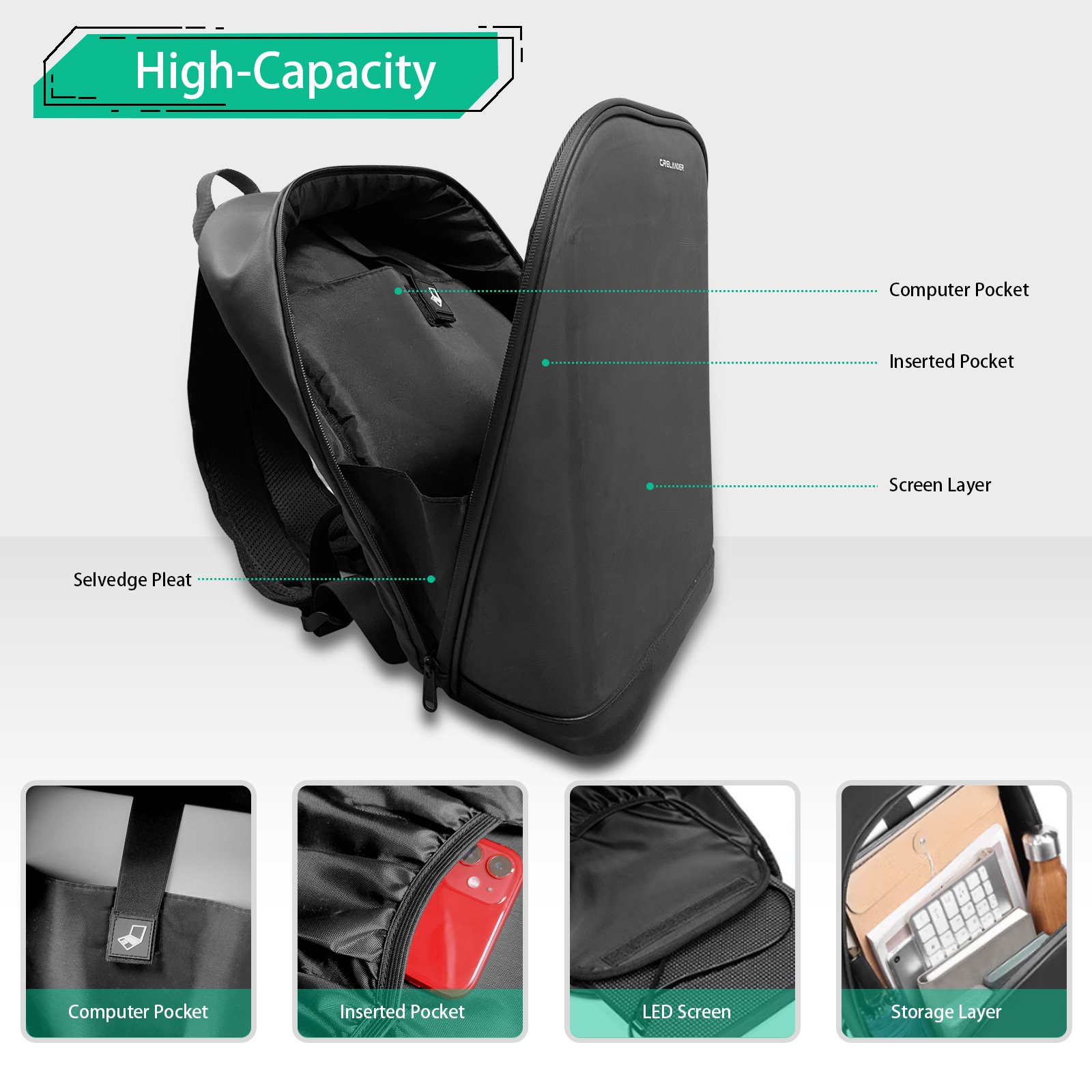 CRELANDER LED Backpack Smart Bluetooth APP Control DIY Display Laptop Bags Waterproof LED Bag For Men Women