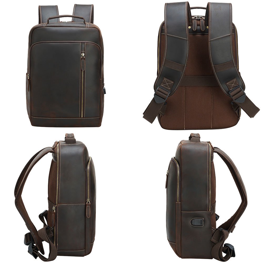Retro ODM OEM Custom Logo Men's Genuine Cow Leather Backpack Bag For Daily Dark Brown Black Full Grain Leather Laptop Back Pack