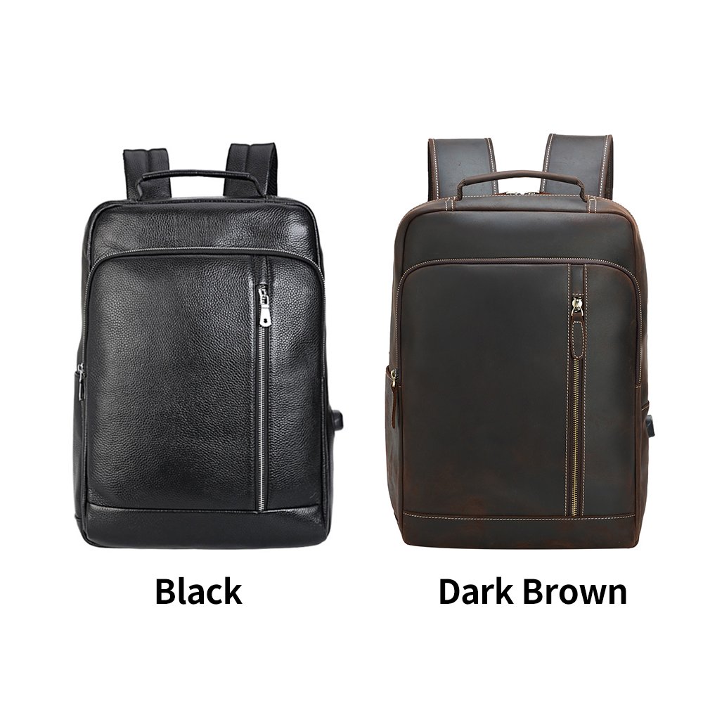 Retro ODM OEM Custom Logo Men's Genuine Cow Leather Backpack Bag For Daily Dark Brown Black Full Grain Leather Laptop Back Pack