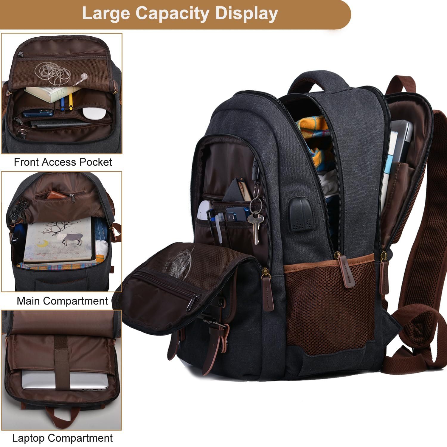 Canvas Travel Laptop Backpack Business Rucksack College Computer Bag Fits 15.6 Inch Notebook,Bookbag with USB Charging Port