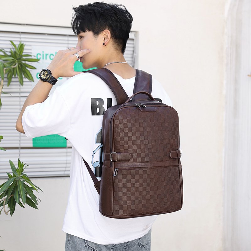 2023 new England design style bagpack high quality grid PU leather waterproof school laptop backpack bag
