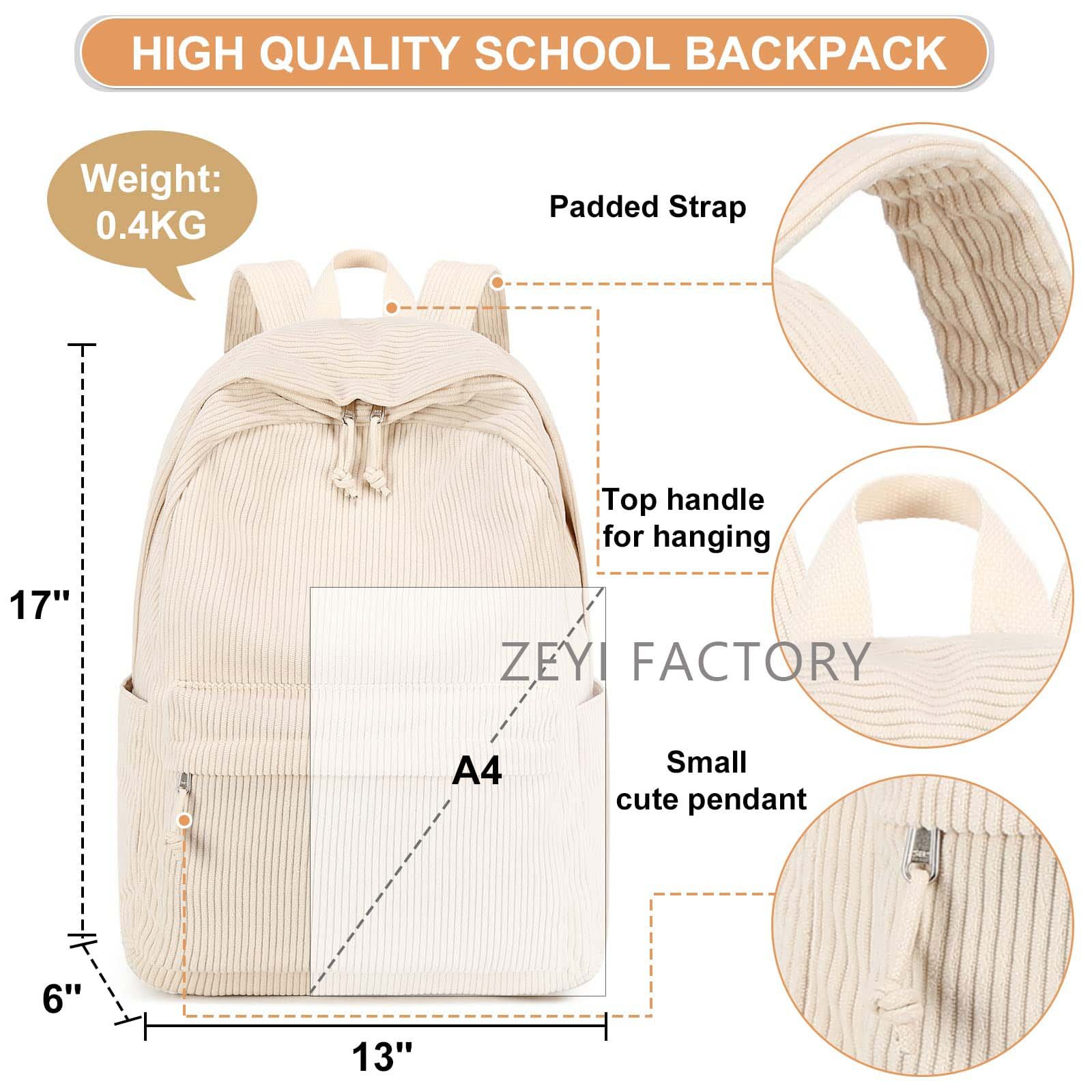 Custom Logo Corduroy Elementary High School Backpack Large Capacity Bookbag Lightweight 17 Inch Laptop Bag For Girls Women