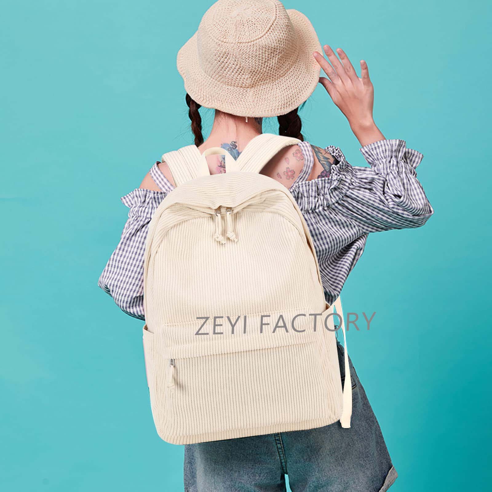 Custom Logo Corduroy Elementary High School Backpack Large Capacity Bookbag Lightweight 17 Inch Laptop Bag For Girls Women