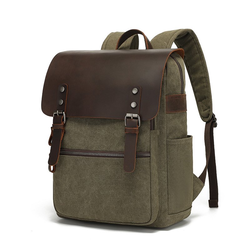 Unisex Outdoor Canvas with Crazy Horse Leather Backpack Custom Logo High Quality Waxed Canvas Laptop Backpack