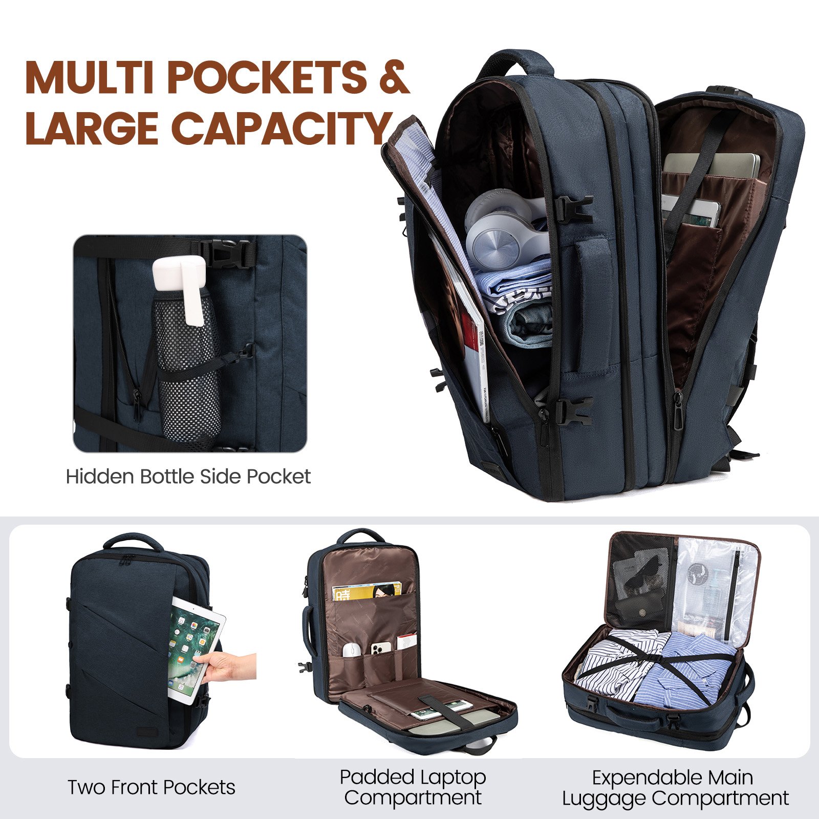 LOVEVOOK 40L 50L Flight Approved Carry on Laptop Bags with Lock 15.6 17 18 inch Men Women Travel Backpacks with 3 Packing Cubes