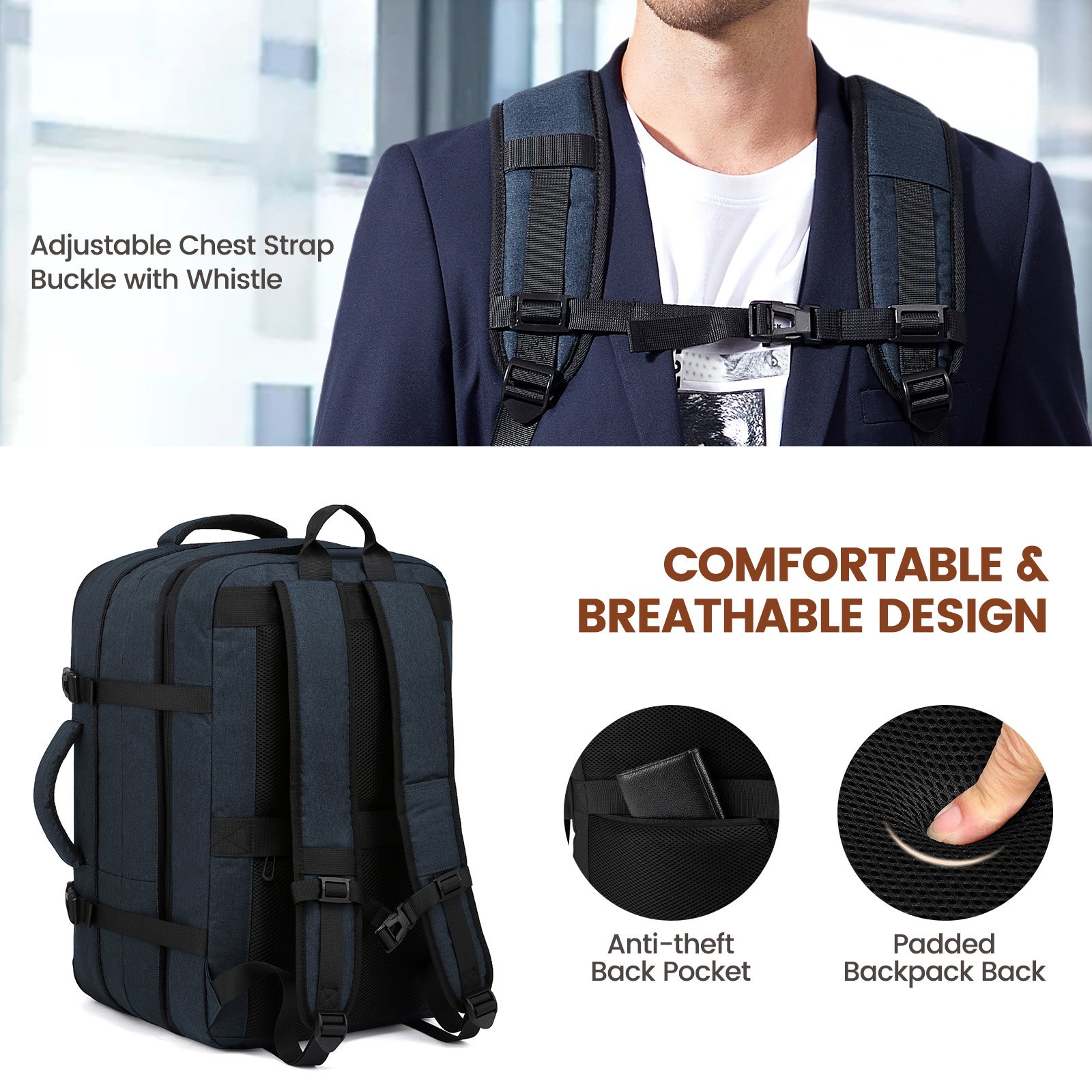 LOVEVOOK 40L 50L Flight Approved Carry on Laptop Bags with Lock 15.6 17 18 inch Men Women Travel Backpacks with 3 Packing Cubes