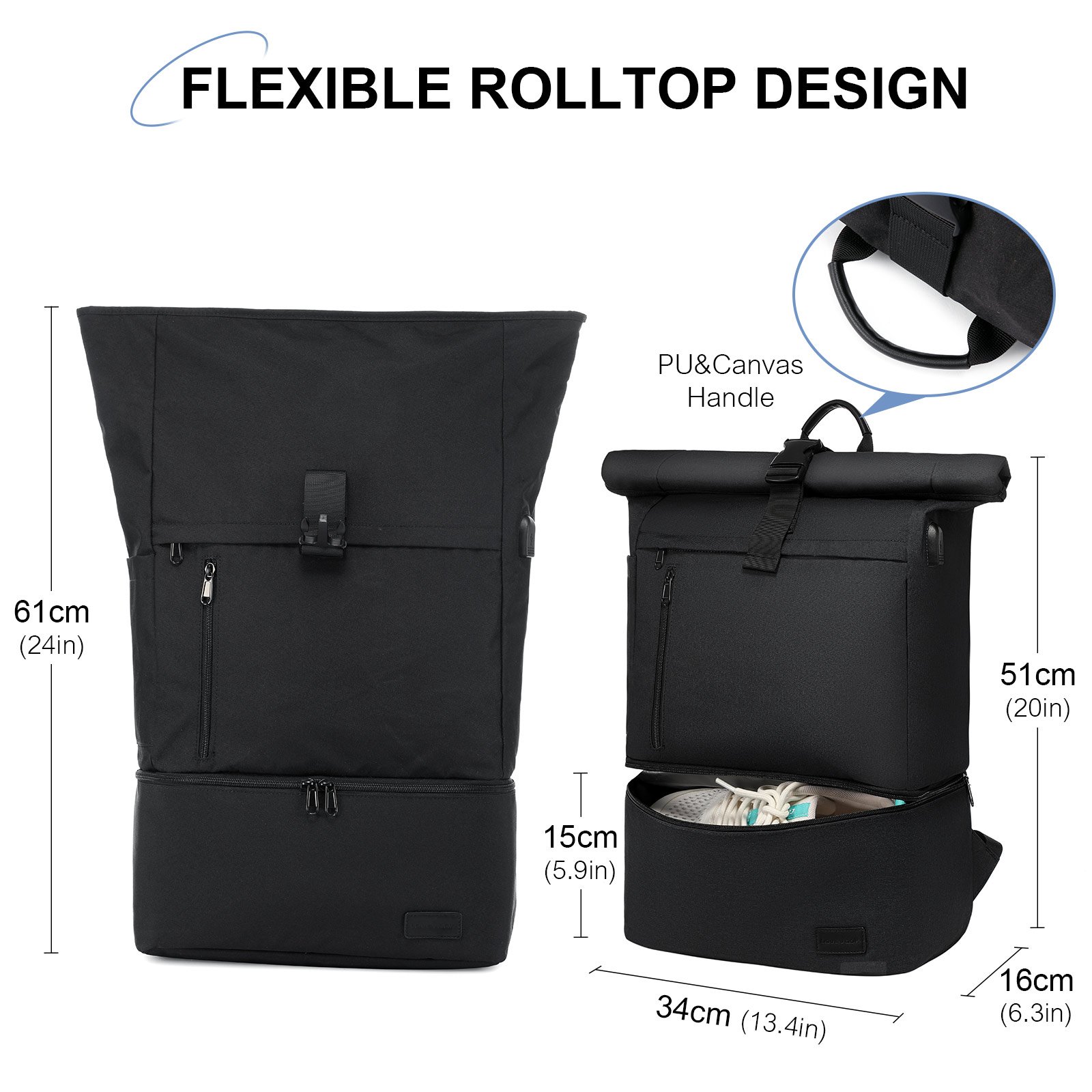 LOVEVOOK 2022 Rolltop Backpack with Shoes Pocket Women Waterproof Gym Laptop Backpack Men 15.6 Inch Lightweight Travel Backpacks