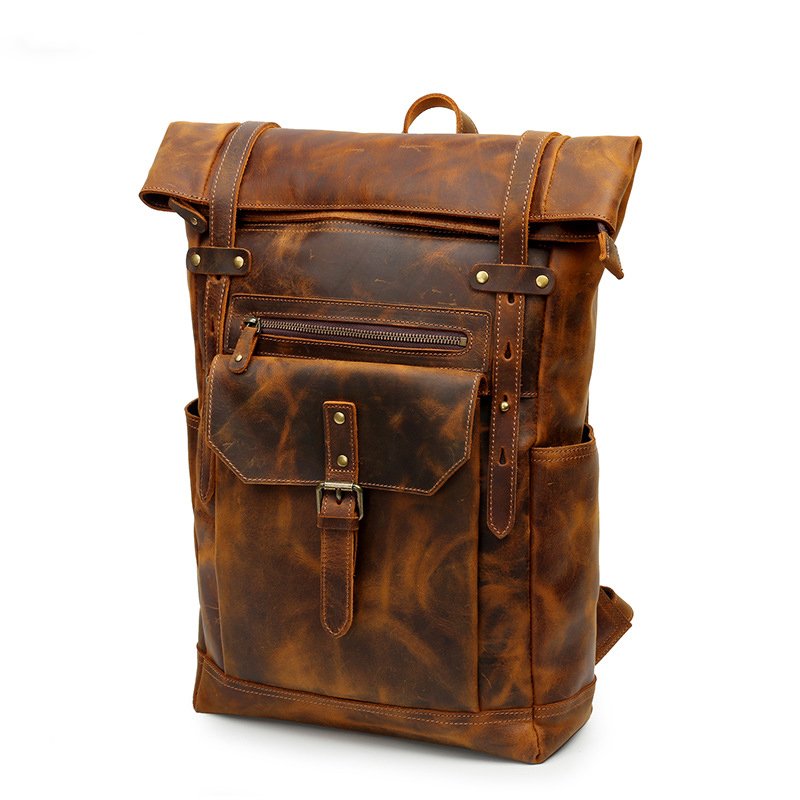 15.6 Inches Laptop Backpack Camping Travel Rucksack Vintage Genuine Leather Backpack for Men