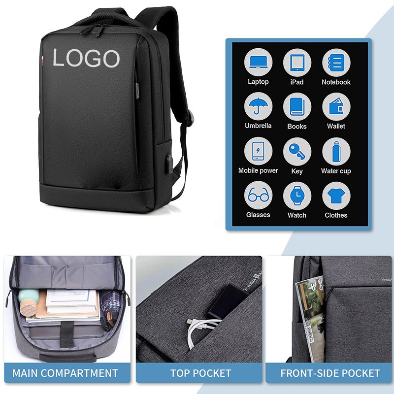 Travel Laptop Backpack With USB Simple Custom LOGO Business Laptops Backpack Waterproof College School Computer Bag Men Bag