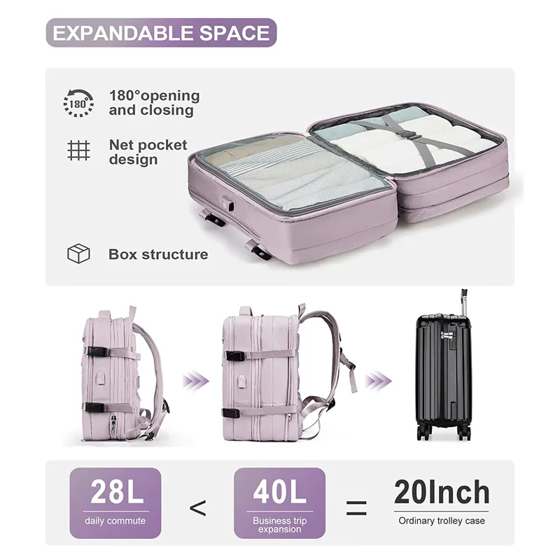 28L Unisex Waterproof Custom Backpack Large Travel Backpacks Expandable Airline Airplane Approved Weekender Laptop Backpack