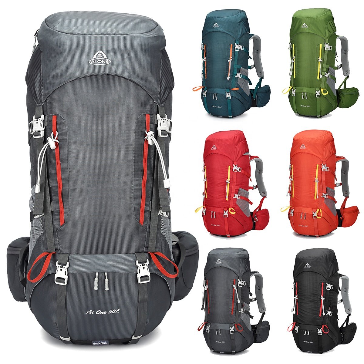 Aione Wholesale Stock 50L Outdoor Mountain Camping Back Pack Waterproof Hiking Backpack With Rain Cover
