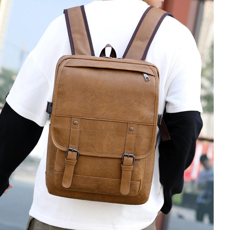 Stylish Waterproof PU Leather Backpack Men Large Capacity Laptop Travel Bag Teenagers Computer Case Sleeve Fashionable Design