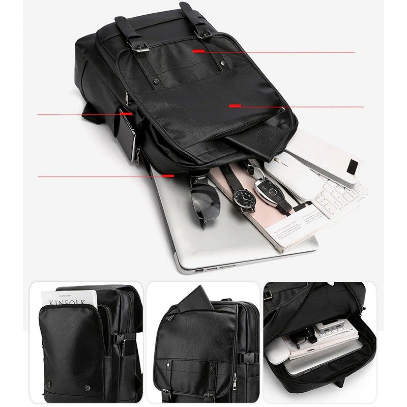 Stylish Waterproof PU Leather Backpack Men Large Capacity Laptop Travel Bag Teenagers Computer Case Sleeve Fashionable Design