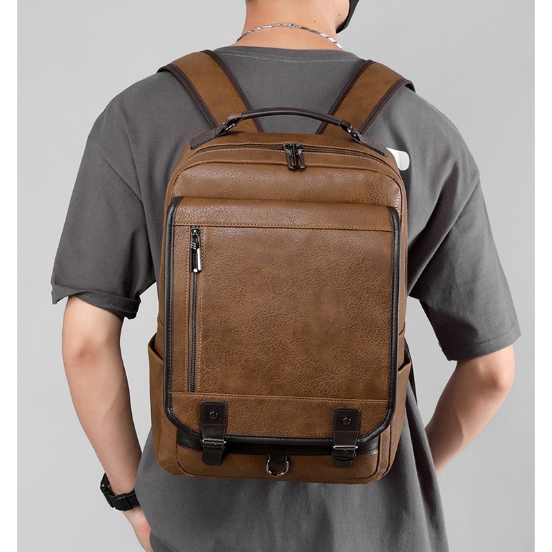 Wholesale Leather Bags Men School Bag PU Leather Rucksack Business 15.6 Laptop Backpack for Men Waterproof Travel Laptop