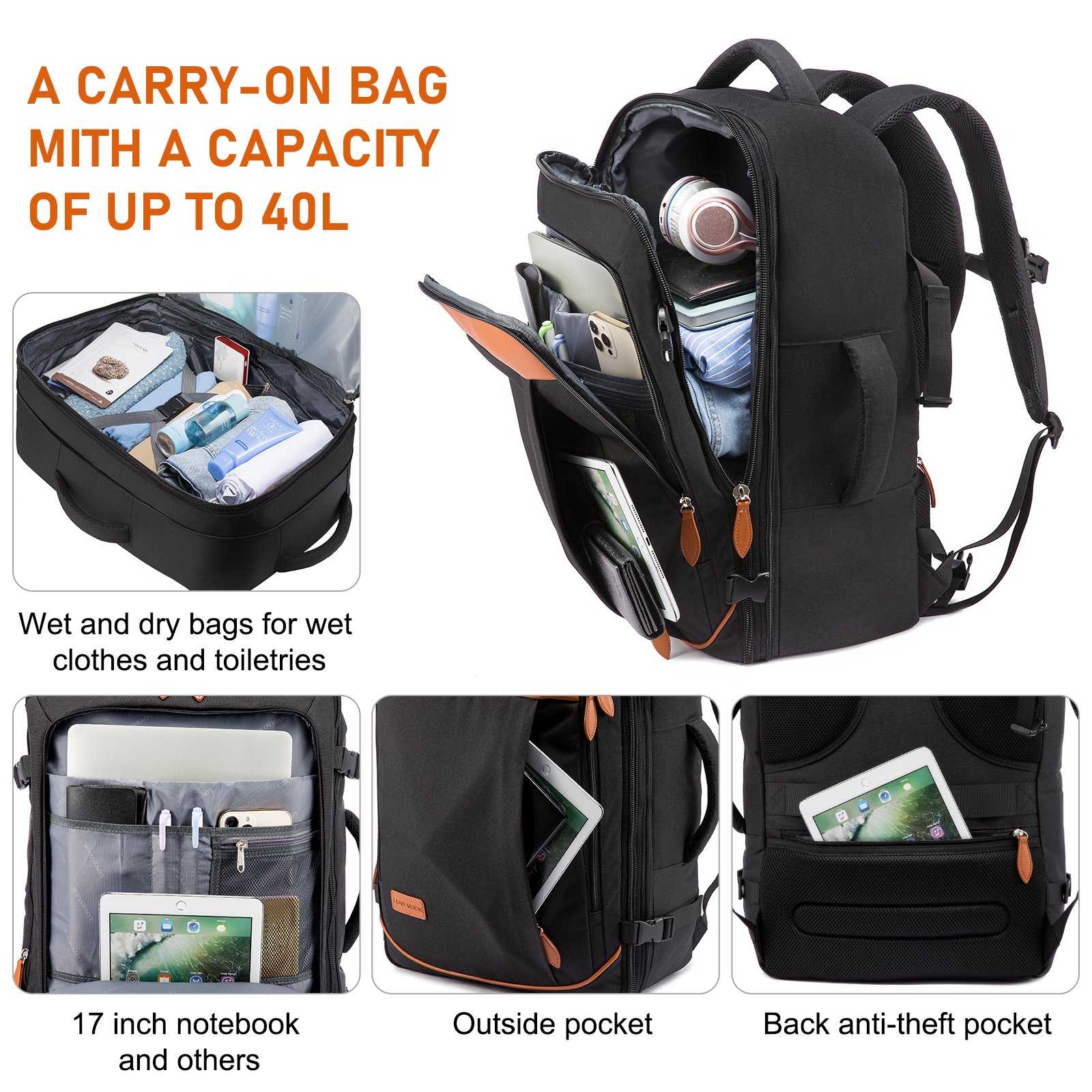 LOVEVOOK 2022 Carry on weekender bags large 40L Expandable 17in laptop Backpacks Airline bag business women men travel backpack