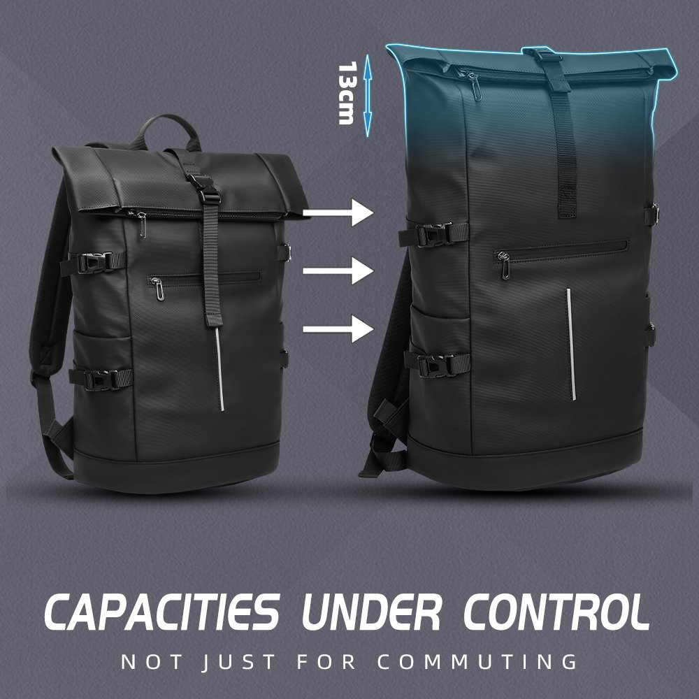 custom Travel Tuck pack Expandable Roll Top Backpack College Bag rolltop Laptop waterproof Carry Backpack for men Casual Daypack