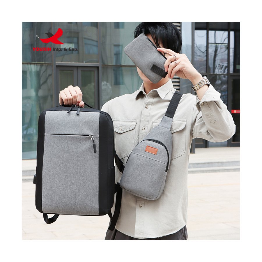 New Arrival Business Computer Backpack Solid Color USB Charging Port Three-piece Laptop Backpack Set