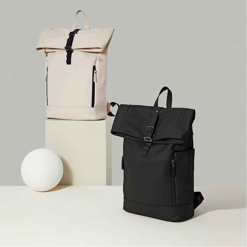 High Quality Factory Custom Logo Unisex Shoulder Leather Waterproof Simple Design USB Business Travel Laptop Roll Top Backpack