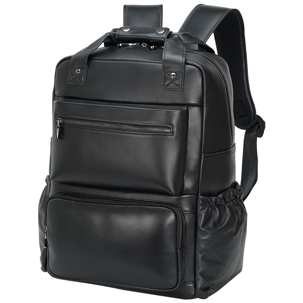 Black Fashion Leather Genuine Leather Traveling Back Bag Cowhide 15.6 inch Laptop Backpack Day Backpack Bag For Man