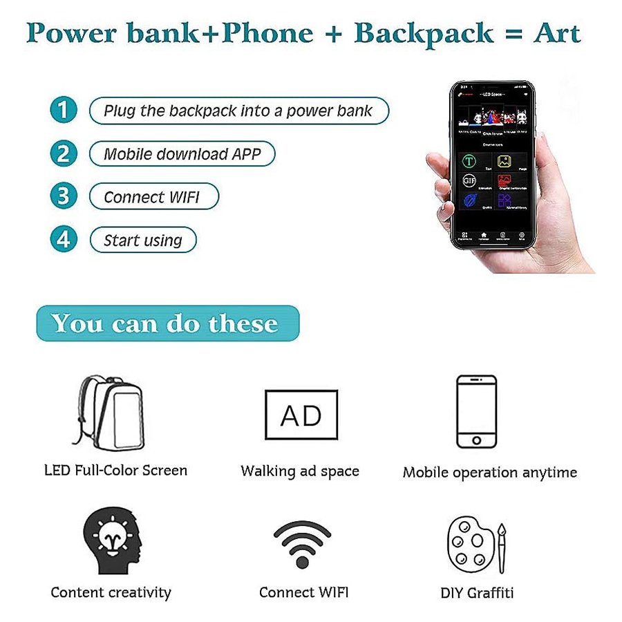 LED Backpack Waterproof Bluetooth Travel Backpack Fits 15.6 Inch Laptop Backpack with LED Display