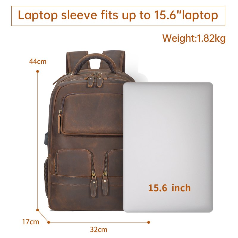 Vintage Cowhide Laptop Computer Large Capacity USB Crazy Horse Cow Bags Men Custom Business Travel Genuine Leather Backpack