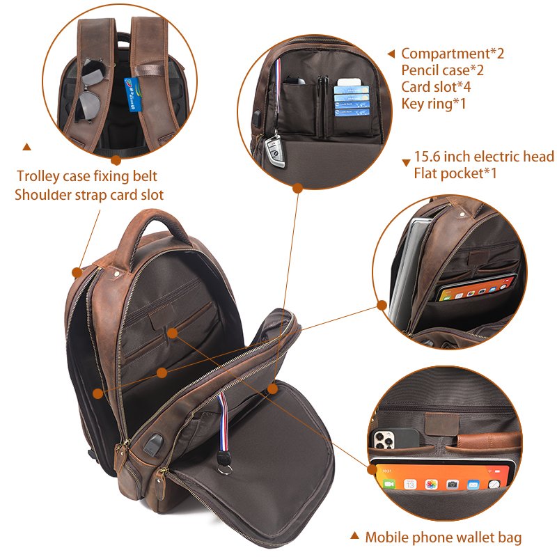 Vintage Cowhide Laptop Computer Large Capacity USB Crazy Horse Cow Bags Men Custom Business Travel Genuine Leather Backpack