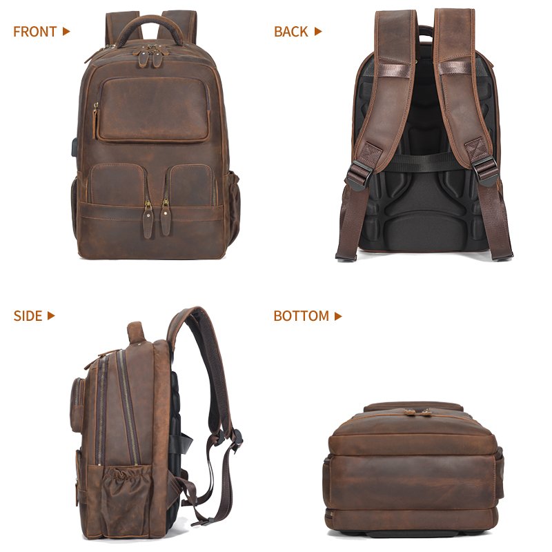 Vintage Cowhide Laptop Computer Large Capacity USB Crazy Horse Cow Bags Men Custom Business Travel Genuine Leather Backpack
