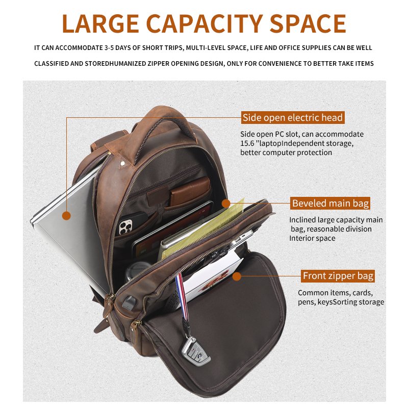 Vintage Cowhide Laptop Computer Large Capacity USB Crazy Horse Cow Bags Men Custom Business Travel Genuine Leather Backpack