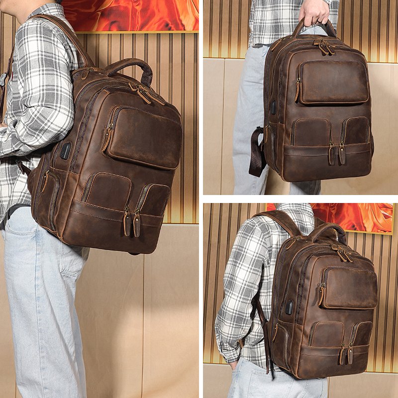 Vintage Cowhide Laptop Computer Large Capacity USB Crazy Horse Cow Bags Men Custom Business Travel Genuine Leather Backpack