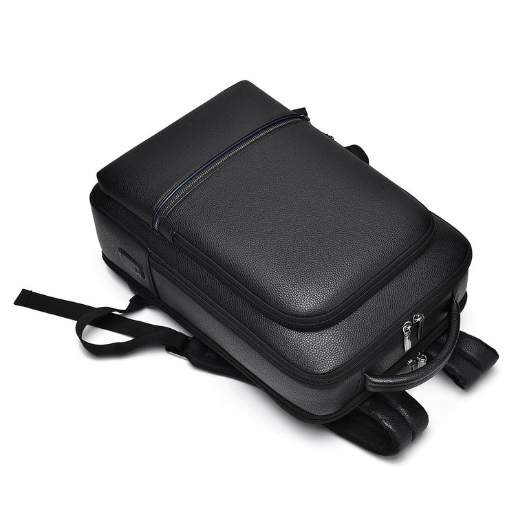 Large Capacity Travel Backpack Black PU Leather Business Work Daypack Vintage Office Laptop Backpack with USB Charging Port