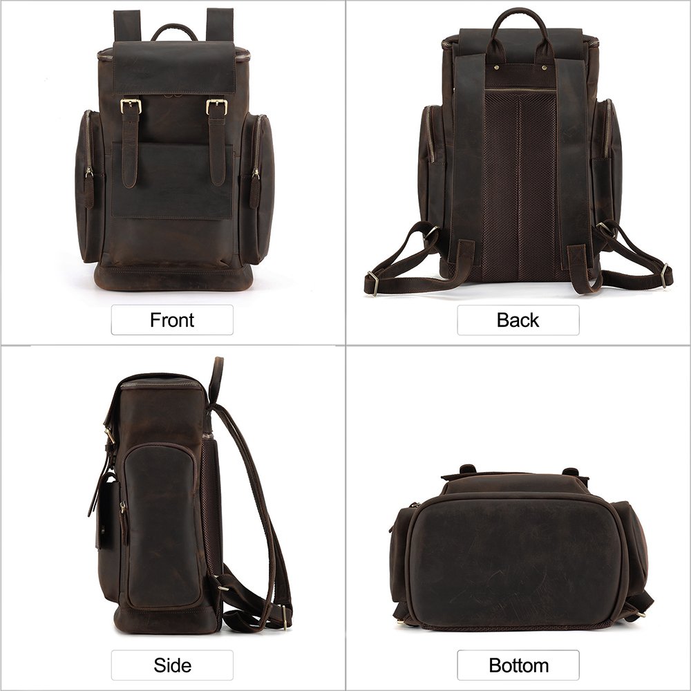 Custom Logo Full Grain Cowhide Leather Laptop Back Pack Bag Travel Vintage Genuine Real Leather Backpack Men
