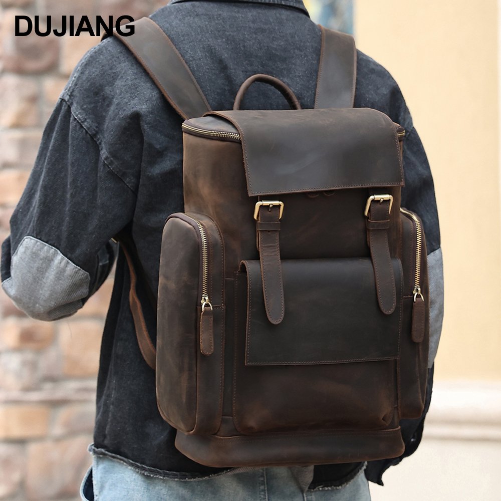 Custom Logo Full Grain Cowhide Leather Laptop Back Pack Bag Travel Vintage Genuine Real Leather Backpack Men