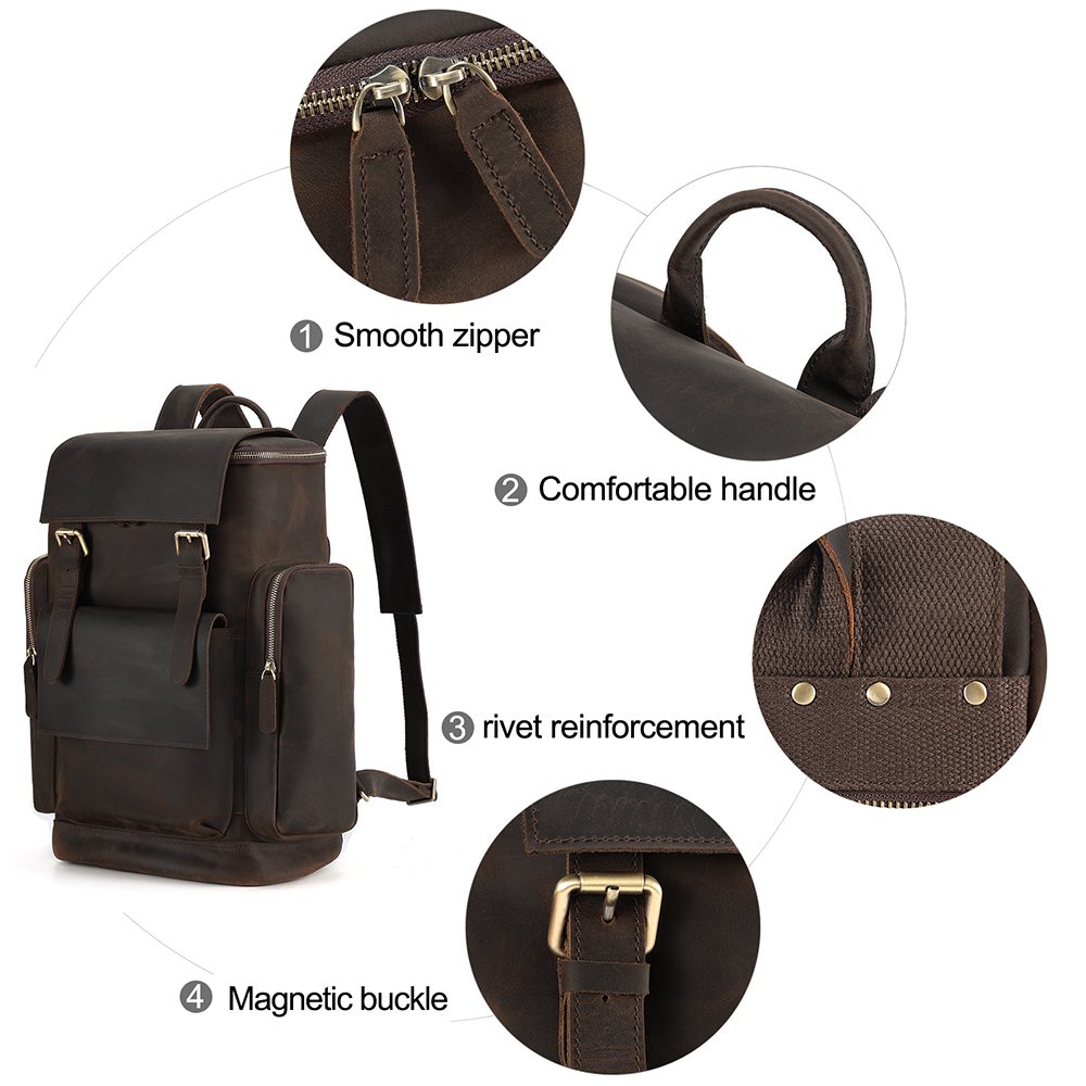 Custom Logo Full Grain Cowhide Leather Laptop Back Pack Bag Travel Vintage Genuine Real Leather Backpack Men