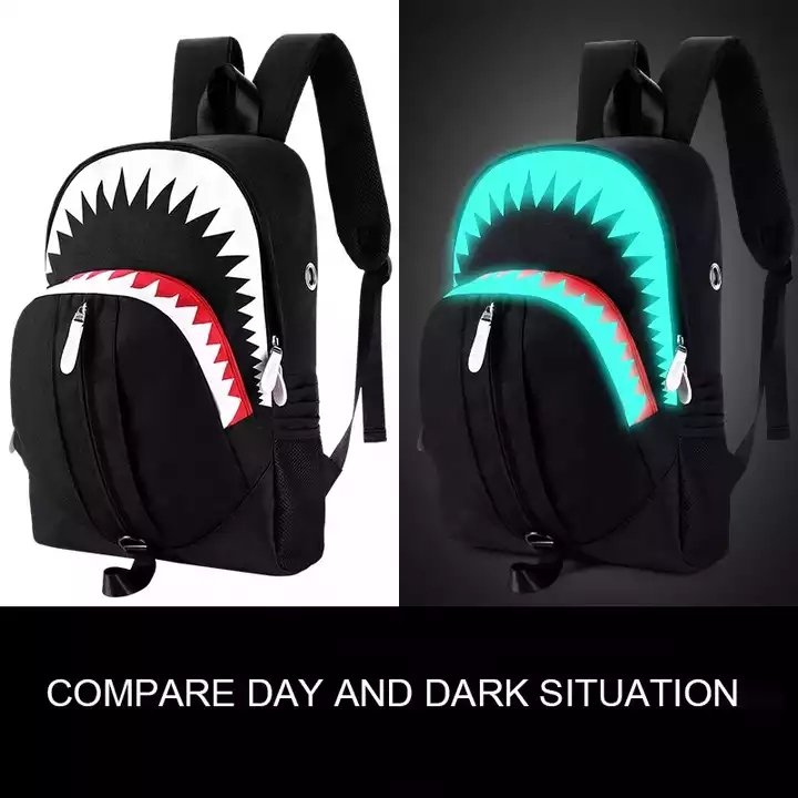 Polyester USB Charging Waterproof Luminous Bag School Back Pack Boys Shark Mouth Reflective Stylish Laptop Backpack