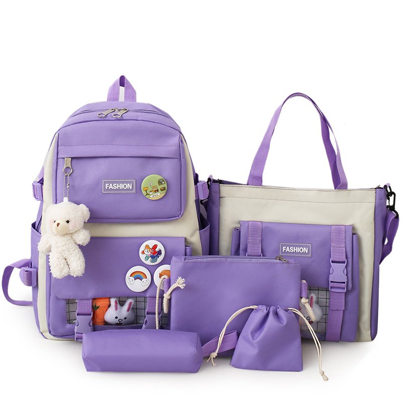 5 Pcs/Set Women Laptop Backpack Canvas School Bags For Teenage Girls Kawaii College Student Kids Book Bag Rucksack